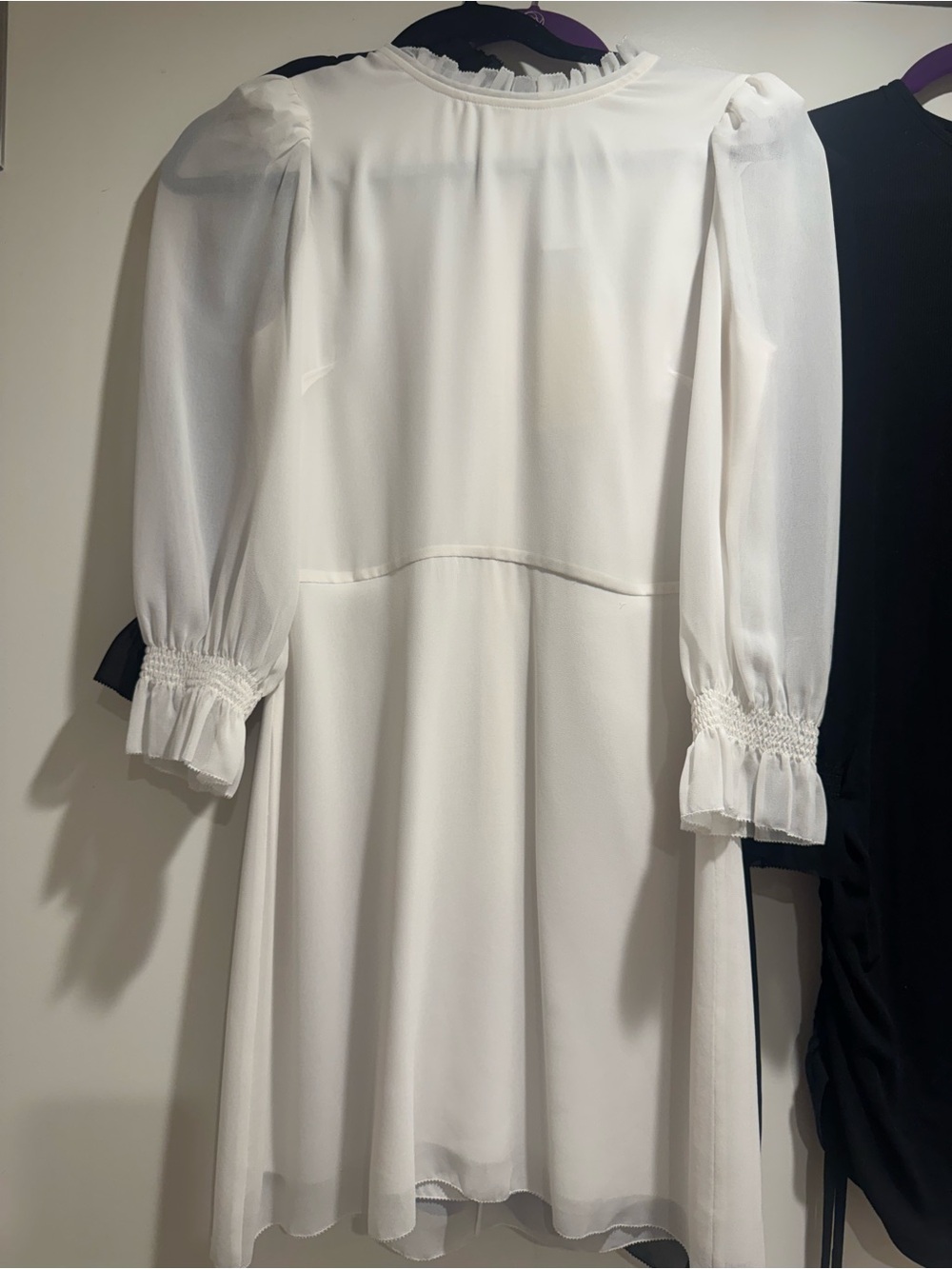 Women's White Long Sleeve Ruffle Neck Dress